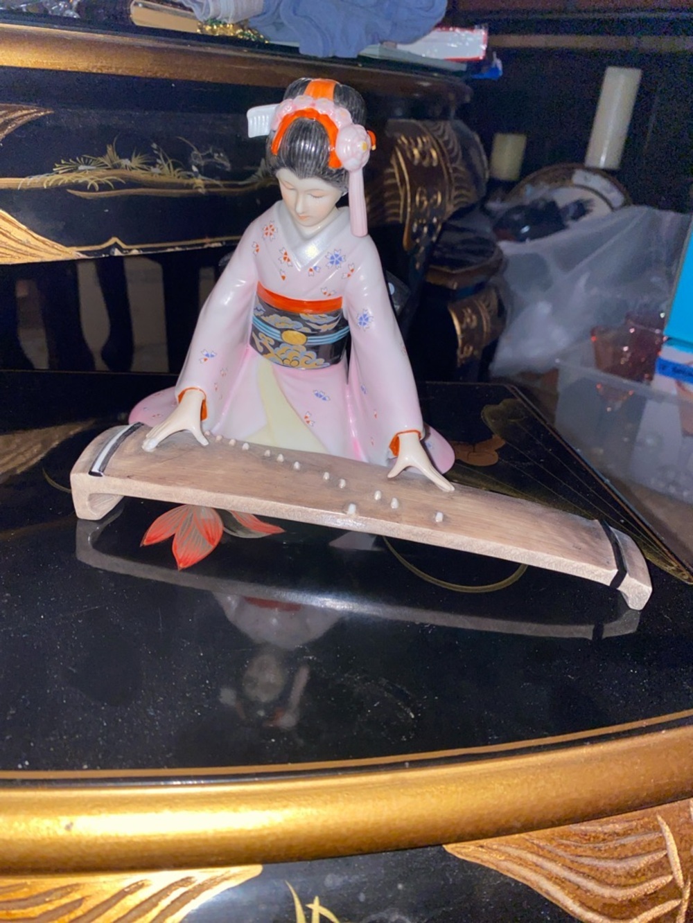 The Maiden Of The Lilting Song Porcelain Geisha Playing Koto - Pink Kimono